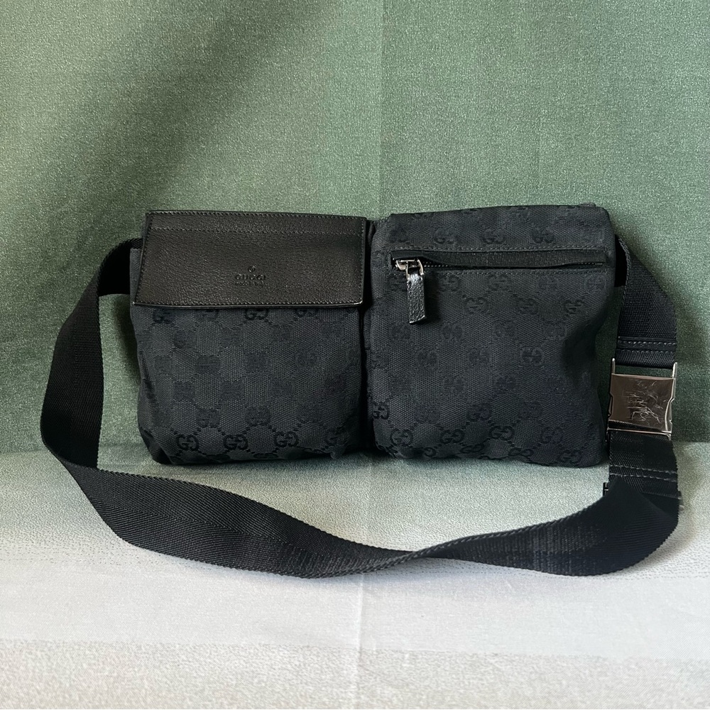 Gucci Gg Monogram Front Pockets Canvas Belt Bag Black